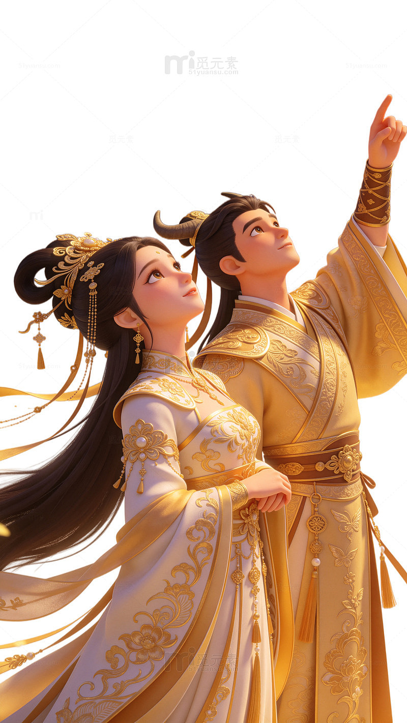 国风古装情侣仰望指天插画设计素材