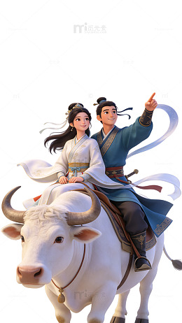 国风动画情侣骑牛插画设计素材