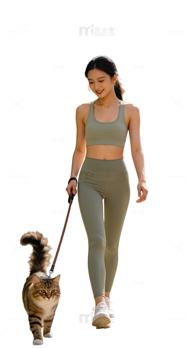 清新风健身女孩牵猫行走设计素材