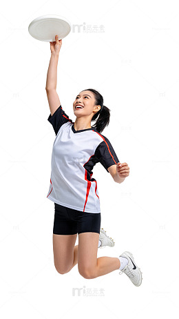 运动风飞盘女孩跳跃瞬间设计素材