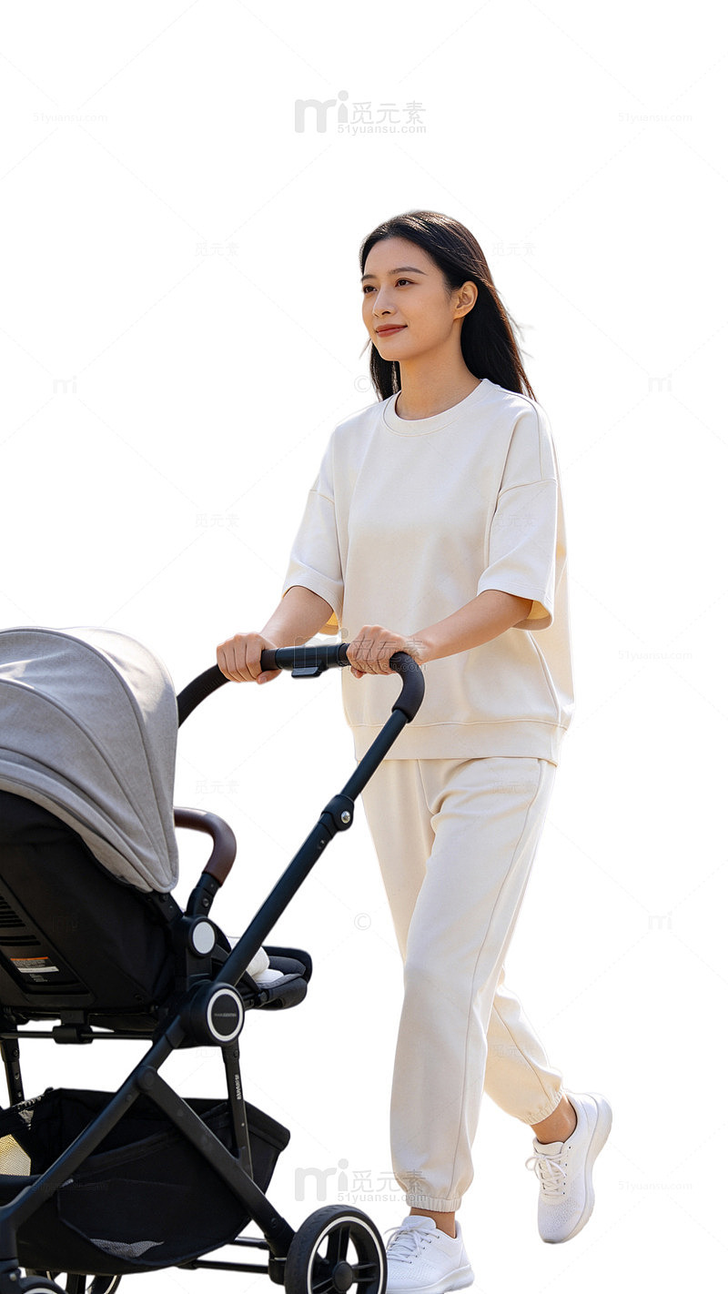 简约风妈妈推婴儿车日常穿搭设计素材