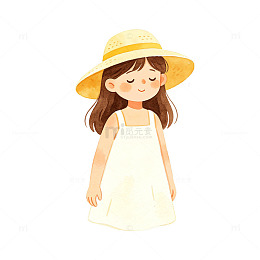 卡通风小女孩戴草帽插画设计素材