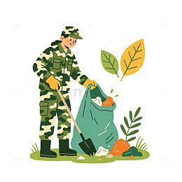 卡通风军人植树环保插画设计素材