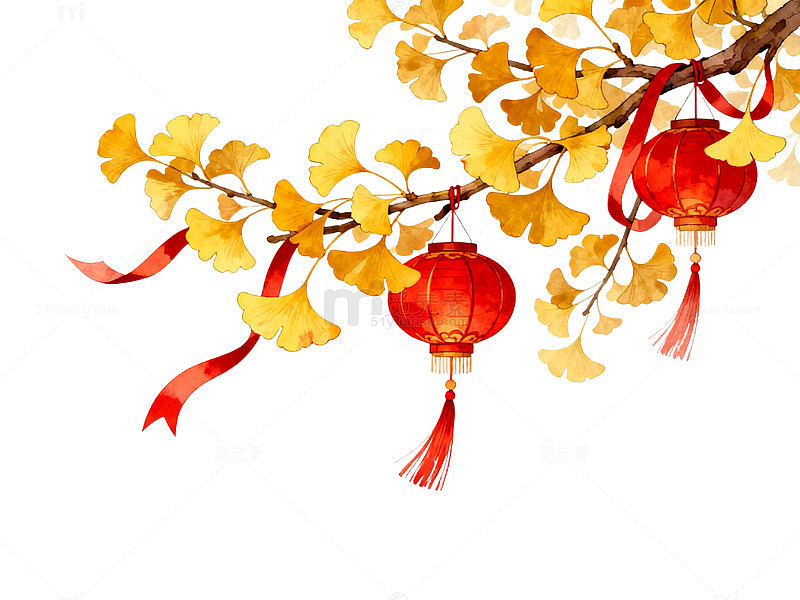 水墨风春节喜庆手绘灯笼银杏设计素材