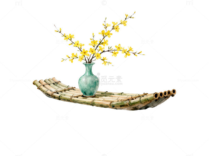 水墨风格春日花枝竹筏插画素材