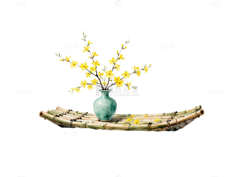 水彩风春日花枝小舟插画设计素材