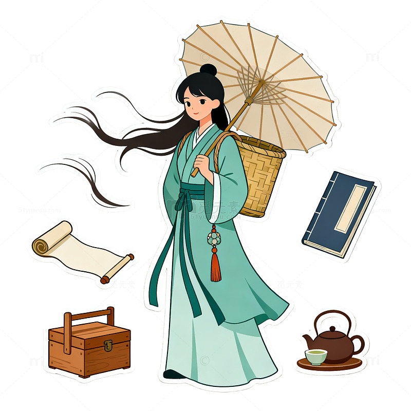 国风古装女子持伞贴纸设计素材