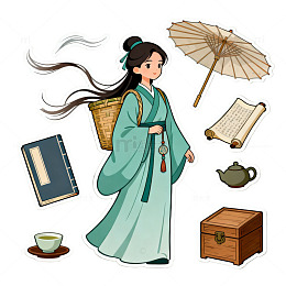 古风插画古代女子出行贴纸素材