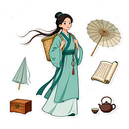 古风插画仕女出行贴纸设计素材