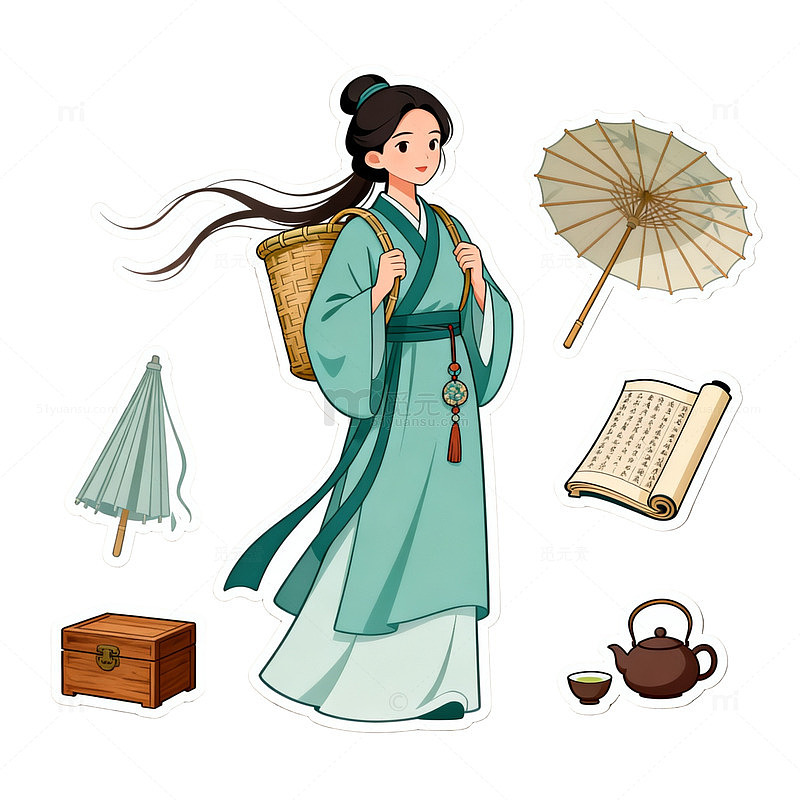 古风插画仕女出行贴纸设计素材