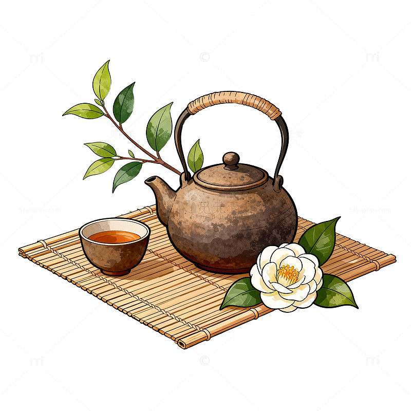水彩风茶道静谧手绘茶具设计素材