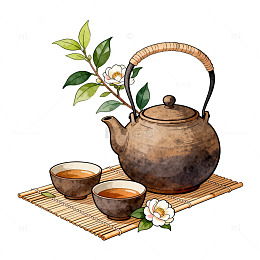 水彩风茶具插画手绘茶艺设计素材