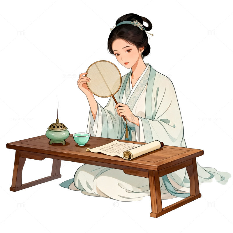 国风古装女子品茶手绘插画设计素材