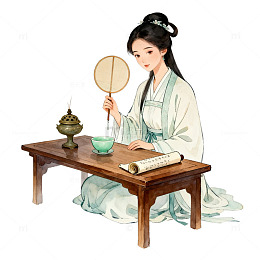 国风古装女子品茶手绘插画素材