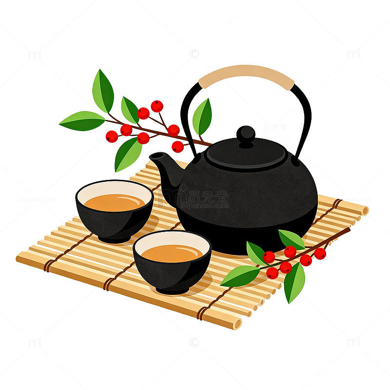扁平风茶道静谧插画茶具设计素材