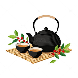 扁平风茶道静谧手绘茶具设计素材