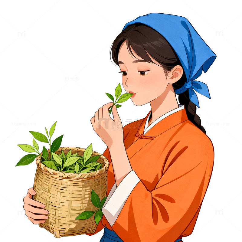 插画风采茶女子手绘竹篮茶叶设计素材