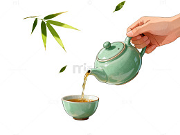 插画风竹林茶香手绘泡茶场景设计素材