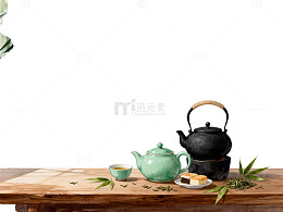 水墨风茶室静物手绘茶具设计素材