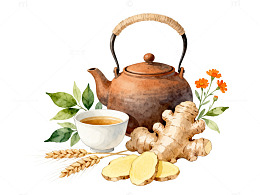 水彩风茶艺养生手绘姜茶设计素材