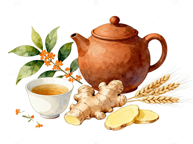 水彩风茶具生姜手绘插画设计素材