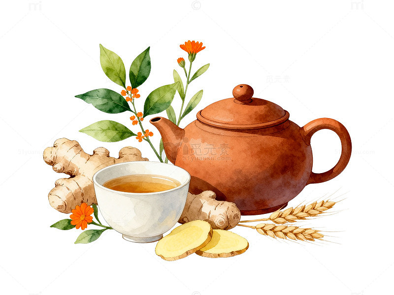 水彩风姜茶养生手绘茶具设计素材