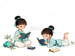 国风插画古装儿童读书场景设计素材