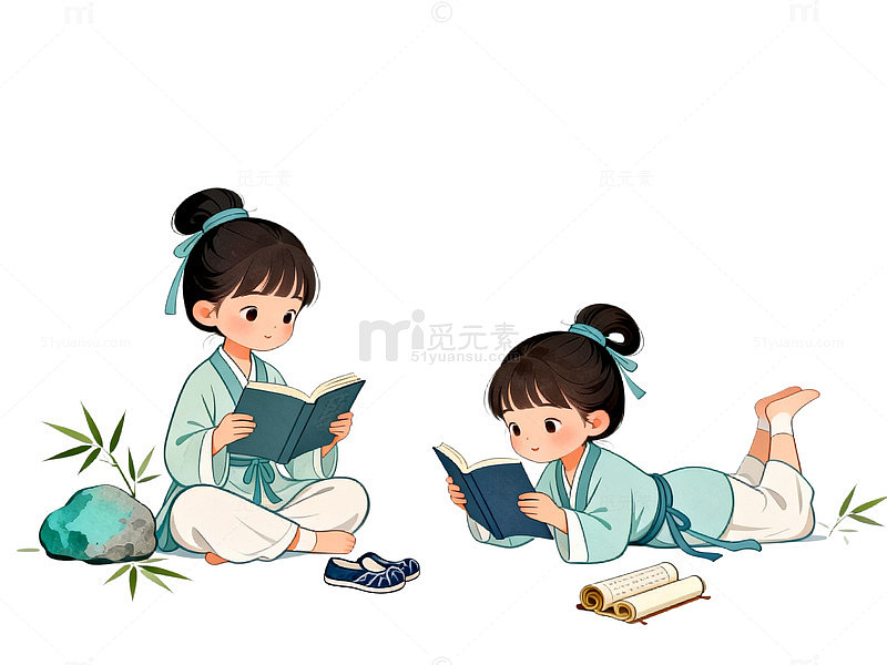 国风插画古装儿童读书场景设计素材