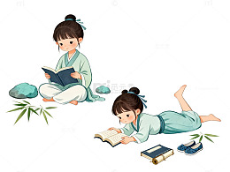 国风插画古装女孩读书场景设计素材
