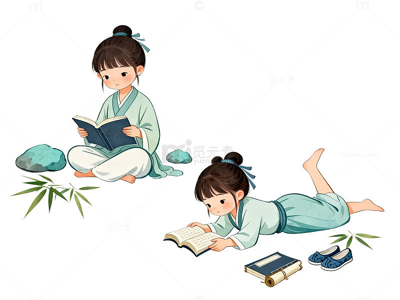 国风插画古装女孩读书场景设计素材