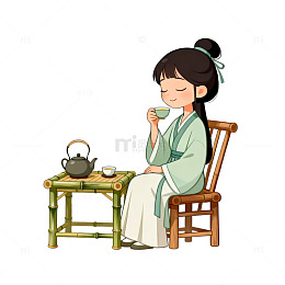 国风插画女子品茶竹林场景设计素材