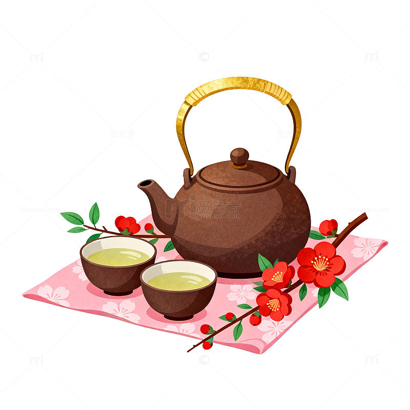 插画风茶具梅花静物手绘设计素材