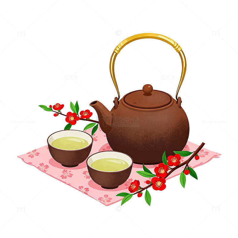 插画风茶道静谧手绘茶具设计素材