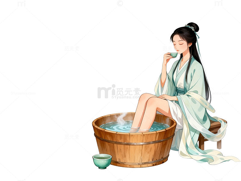 古风插画女子泡澡手绘设计素材