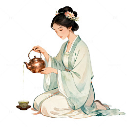 国风水墨风女子泡茶手绘插画设计素材