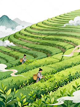国风手绘茶园采茶插画设计素材