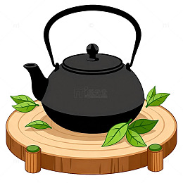 卡通风格茶壶绿叶木托设计素材