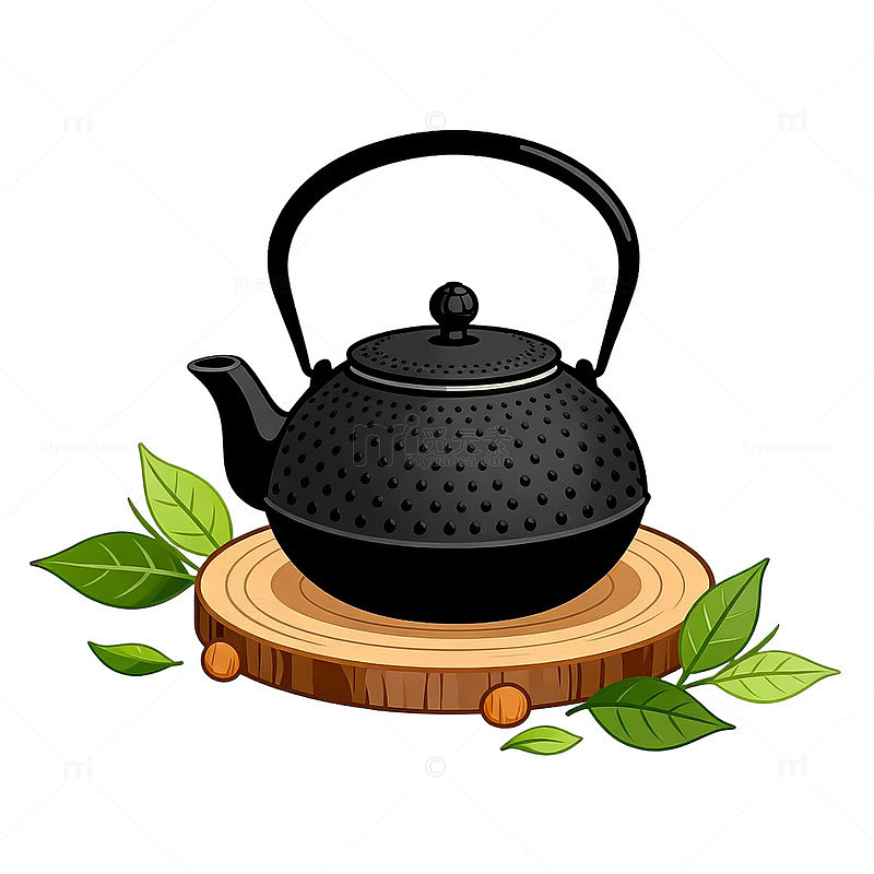 卡通风格茶壶木托绿叶插画设计素材