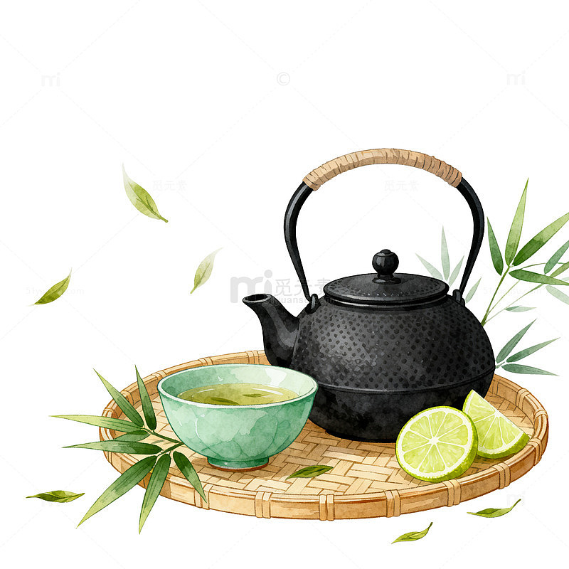 水彩风茶具竹叶手绘插画设计素材