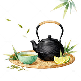 水彩风茶道静谧手绘茶具设计素材