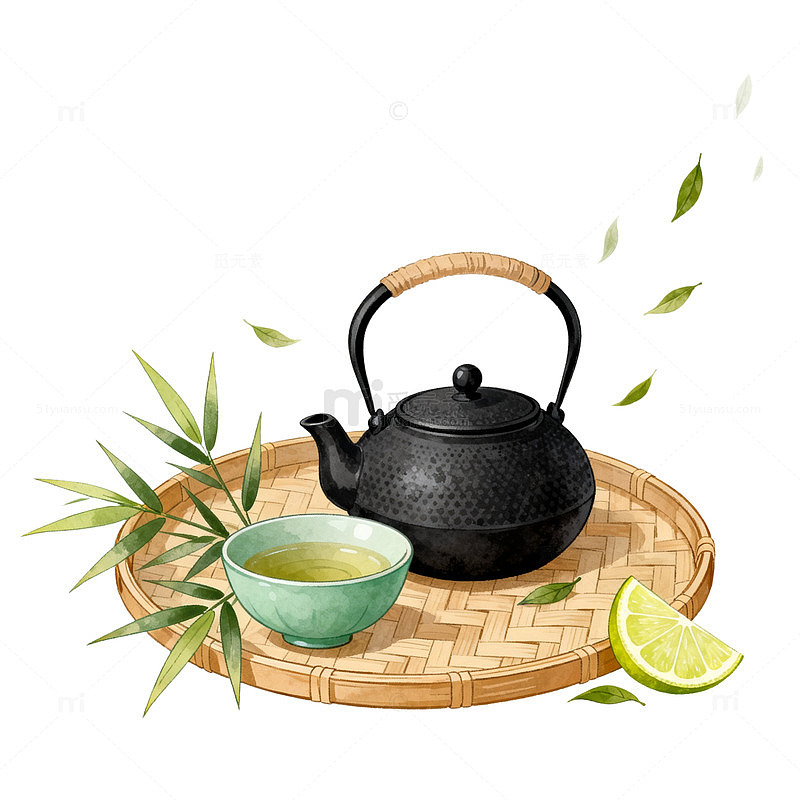 水彩风茶道静谧手绘茶具设计素材