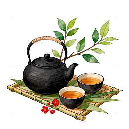 水彩风茶道静谧手绘茶具设计素材