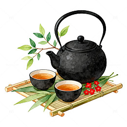 水彩风茶道静谧手绘茶具设计素材