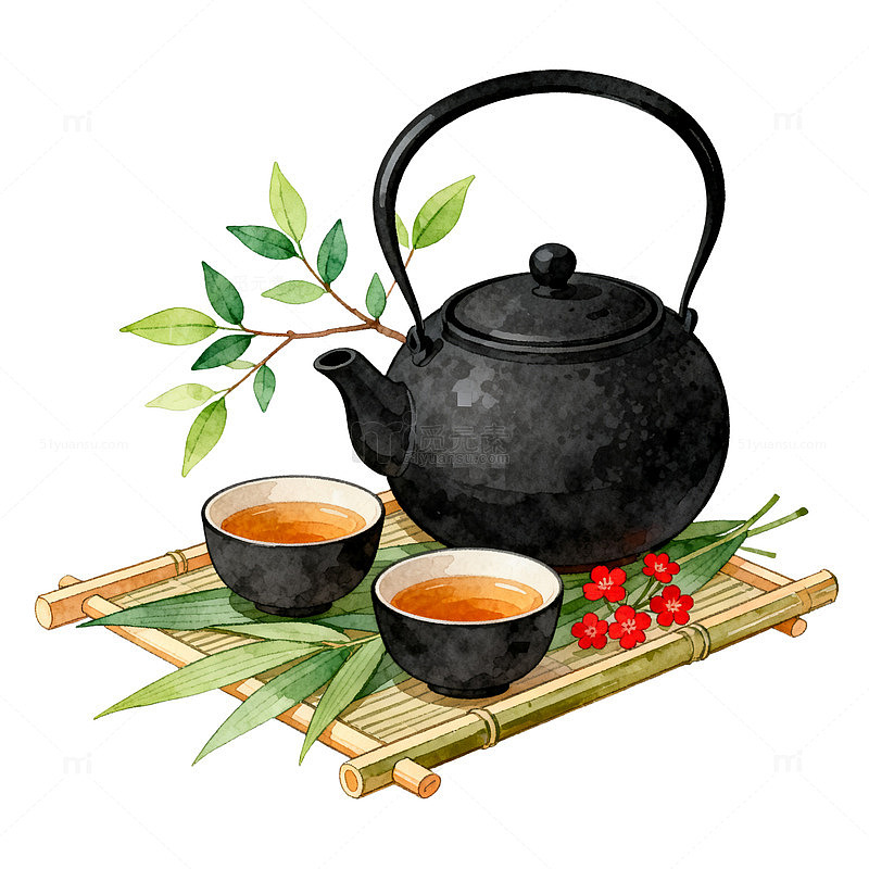 水彩风茶道静谧手绘茶具设计素材