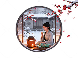 国风雪景女子品茶圆形窗框设计素材
