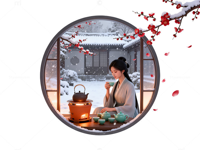 国风雪景女子品茶圆形窗框设计素材