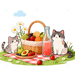 卡通风野餐猫咪水果插画设计素材