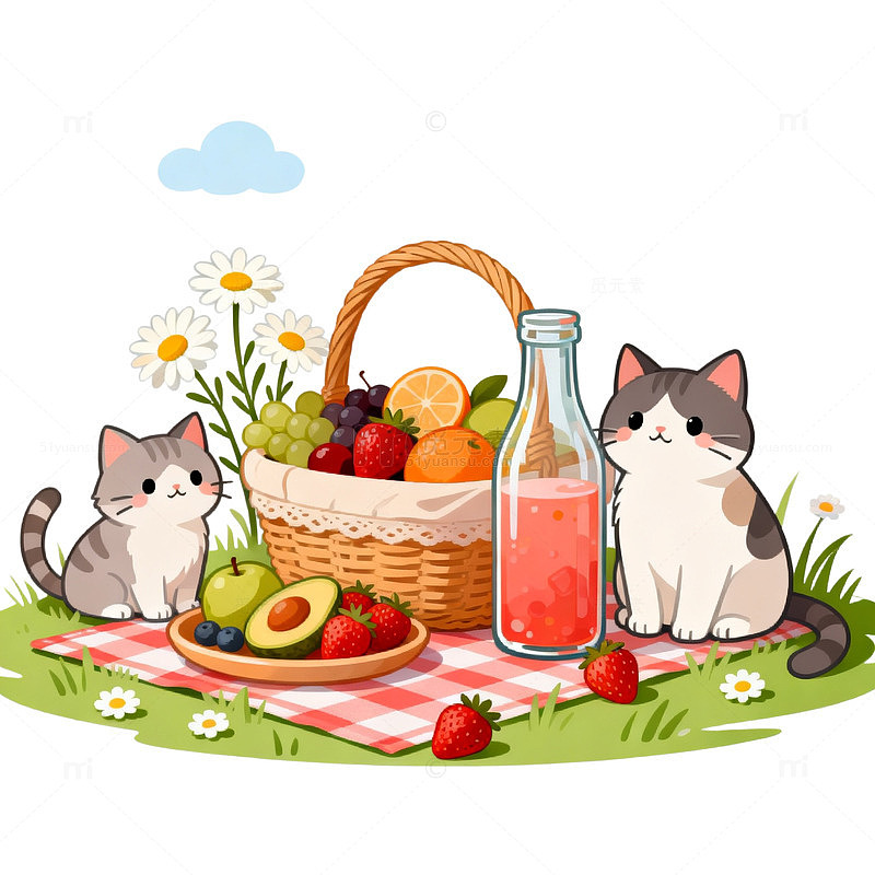 卡通风野餐猫咪水果插画设计素材