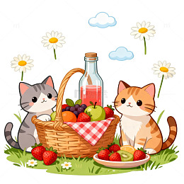 卡通风猫咪野餐手绘水果篮设计素材