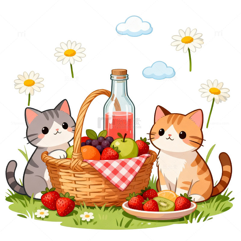 卡通风猫咪野餐手绘水果篮设计素材